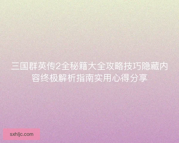 三国群英传2全秘籍大全攻略技巧隐藏内容终极解析指南实用心得分享